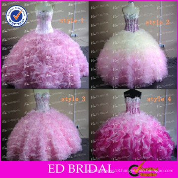 ED Bridal Pink Ball Gown Real Sample Ruffle Organza Crystal Beaded Western Quinceanera Dresses